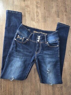 Y2K Vibes Jewel Detail Roma Premium Dark Blue Distressed Skinny Jeans